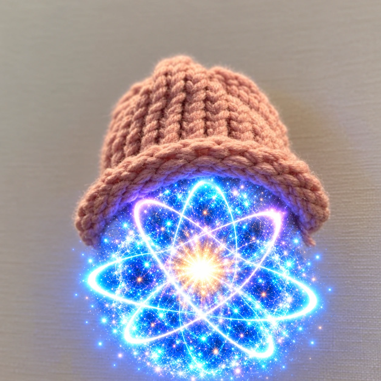 A sparkling blue quantum sphere wearing a soft pink knitted hat